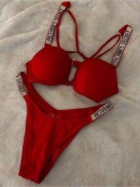 Victoria's Secret Shine Strap Swim set in "Brazilian Flame Red” 34C